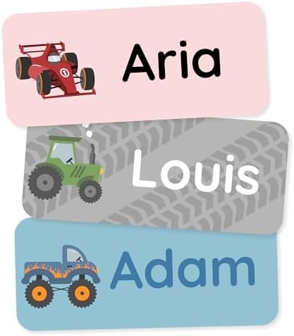 Personalized Name Labels for Kids (60) – Custom Waterproof & Durable Stickers for Clothing, Daycare, Office & School Supplies - Motor by Teddylabels
