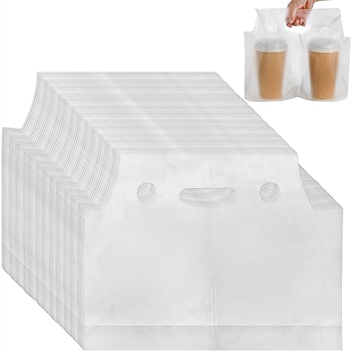 DEAYOU 200 PCS Handle Drinking Poly Bag, Clear Plastic Drink Packaging Bag for Delivery, 15" L x 11" H Hanging Hole Cup Carrier Container with Handle for Take Out, Beverage, Hold 2 Cup, 33 OZ of Each by DEAYOU