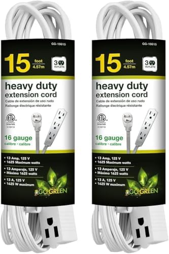 GoGreen Power Inc. (G-19615-2) 16/3 15' 3-Outlet Extension Cord, White, 15ft, 2 Pack by PowerByGoGreen
