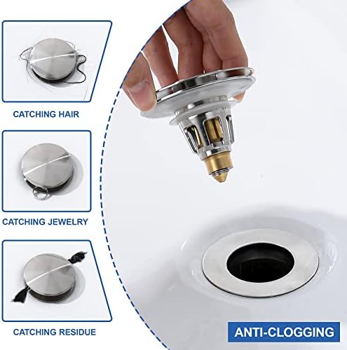 3-in-1 Universal Bathroom Sink Stopper - Brushed Nickel Pop Up Sink Drain Stopper, Brass Bounce Bullet Core Sink Stopper Replacement, Wash Basin Drain Filter Plug with Anti-Clogging Strainer - Image 6
