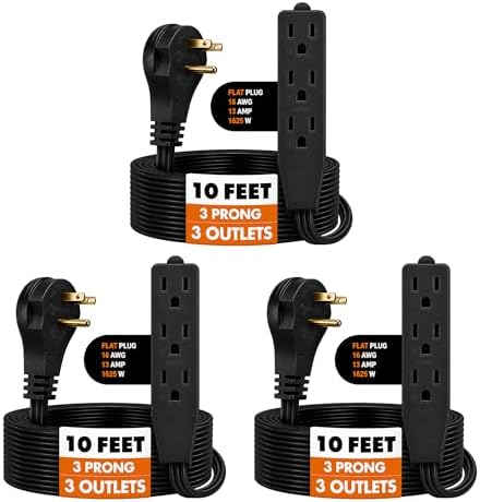 Flat Plug Extension Cord 10 FT Black – 3 Outlet 3 Prong Grounded Indoor Extension Cord – Low Profile Wall Hugger Angled Plug – 16/3 Heavy Duty Power Cord 13A 125V for Office Dorm (3 Pack) by BindMaster