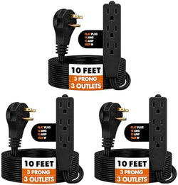 Flat Plug Extension Cord 10 FT Black – 3 Outlet 3 Prong Grounded Indoor Extension Cord – Low Profile Wall Hugger Angled Plug – 16/3 Heavy Duty Power Cord 13A 125V for Office Dorm (3 Pack) by BindMaster