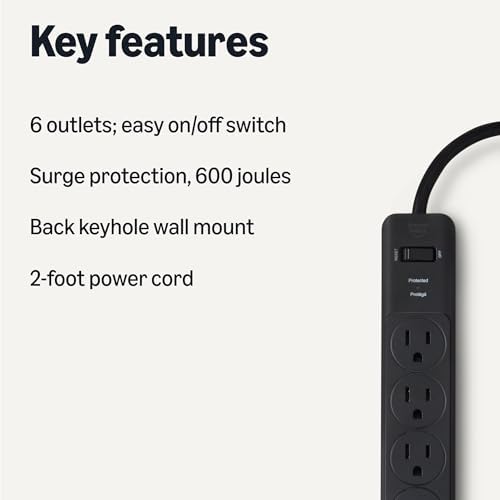 Amazon Basics Rectangle 6-Outlet Surge Protector Power Strip with Circuit Breaker, 600 Joule, 2ft Cord, Black, 2-Pack - Image 2