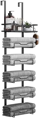 Aetyord Hanging Towel Racks for Bathroom No Drill - 6-Tier Over The Door Bath Towel Storage Organizer for Small Bathrooms - Tiered Back of Door Towel Holder Hanger for Rolled Towels RV Camper Black by Aetyord