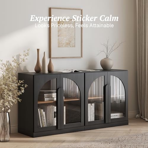 BELLEZE 2 Tier Bookshelf with Arched Glass Door, Set of 2 Modern Display Bookcase Shelf with Storage and Adjustable Shelves, 63" Wood Bookshelves for Living Room Office Entryway (Ebony) - Image 3