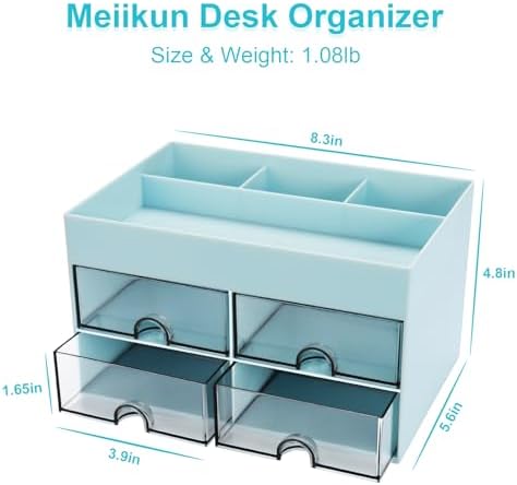 Meiikun Desk Organizer, Office Organizer with Drawer, Desk Accessories & Workspace Organizers, Pen Holder Office Supplies for Desk (4 Drawers+4 Compartments, Blue) - Image 2