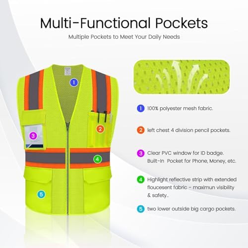Safety Vest for Men, Hi Vis Mesh Vest, High Visibility, Yellow, XL - Image 3
