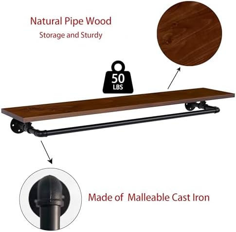 Clothes Rack 48in, Wall Mounted Garment Rack with Solid Walnut Wood Shelf, Heavy Duty Hanging Clothes Rack, Multi-Purpose Hanging Rod, Space-Saving Closet Storage - Image 3