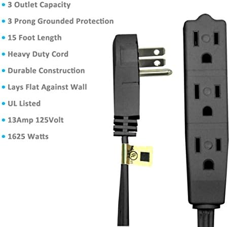 Flat Plug Extension Cord 15 FT Black – 3 Outlet 3 Prong Grounded Indoor Extension Cord – Low Profile Wall Hugger Angled Plug – 16/3 Heavy Duty Power Cord 13A 125V for Home Office - Image 4