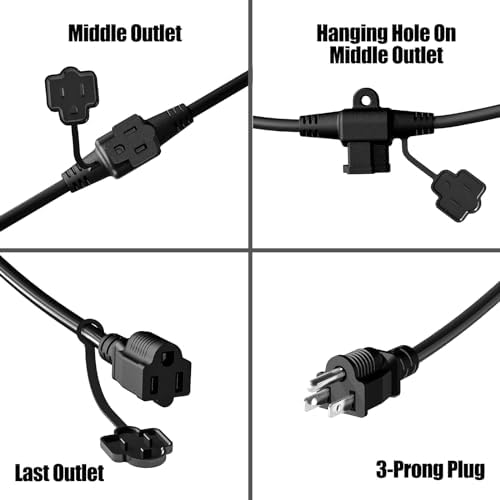 Eversimpleinc Black Outdoor Extension Cord with Multiple Outlets, (50FT 6 Outlets) Evenly Spaced with Weatherproof Cover, Ideal for Christmas Decoration Patio, 16AWG/3C SJTW, ETL Listed - Image 4