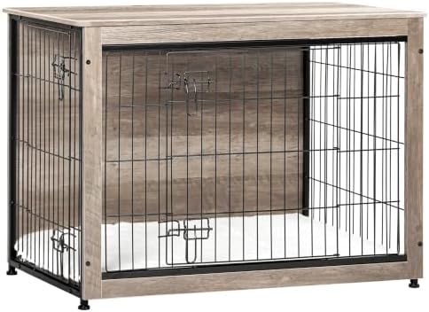 DWANTON Dog Crate Furniture with Cushion, Wooden Kennel Table with Double Doors, Indoor Dog House, Large Size, 38.5" L, Greige by DWANTON