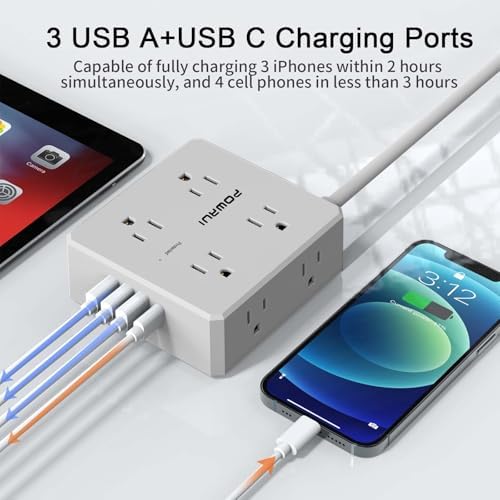 Surge Protector Power Strip - 6 Ft Flat Plug Extension Cord with 8 Widely Outlets and 4 USB Ports(1 USB C), 3 Side Outlet Extender for Home Office, Grey, ETL Listed - Image 3