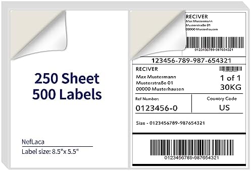 8.5" x 5.5" Half Page Self Adhesive Shipping Label, Compatible Laser & Inkjet Printers, White, 2 Labels Per Sheet(250 Sheet Total 500 Labels) by NefLaca