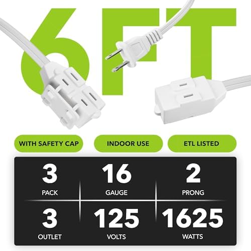 HBN Indoor Extension Cord, 6ft 3 Pack, White, 3 Outlets with Safety Cap Included, 2 Prong Polarized Plug, Perfect for Homes, Offices, and Kitchens - Image 3