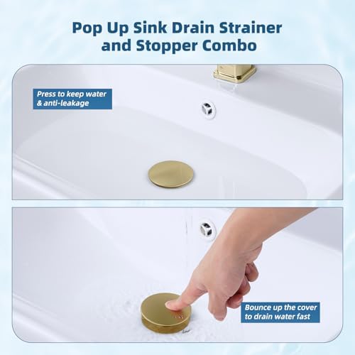 Hibbent Upgraded 3 in 1 Bathroom Sink Drain Strainer, Pop Up Sink Stopper with Big Push Cap, Anti-Clogging Metal Filter Basket,Sink Plug with Hair Catcher for 1.1''~2.36'' Basin, Brushed Gold - Image 5