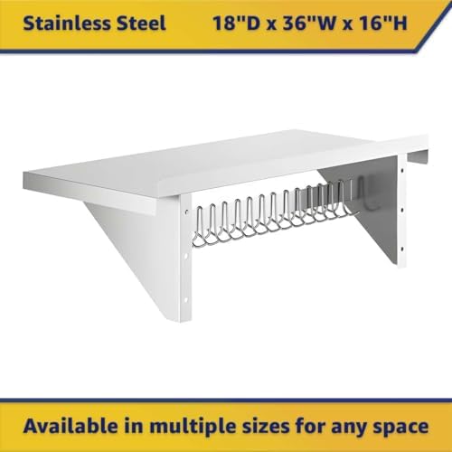 18" x 36" NSF Stainless Steel Wall Shelf, Heavy Duty Pot Pan Rack with Hooks, Commercial Kitchen - Image 2