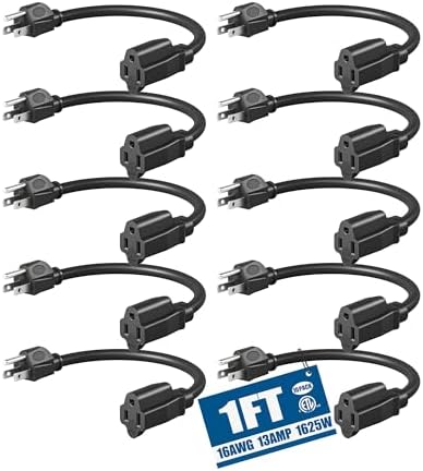 DEWENWILS 10Pack Short Extension Cord, 1 Foot Power Cord, 16 AWG SJTW Weatherproof Extension Cable for Indoor Outdoor Use, 3 Prong Grounded Outlets Plugs, NEMA 5-15P to NEMA 5-15R, Black, UL Listed by DEWENWILS