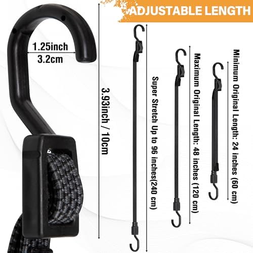 Bungee Cords, Flat Adjustable Bungee Cords with Hooks Heavy Duty 48 Inch, Elastic Rubber Black Bungee Straps with Buckle Hooks for Outdoor, Camping, Tarps, Bike Rack, Tent, Truck, 6 Pack - Image 2