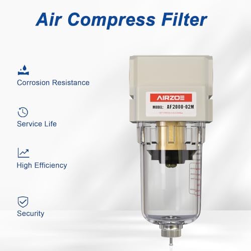 AIRZOE 1/4" NPT Compressed Air Filter AF2000-02M, Manual Drain,0-150psi - Image 6