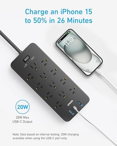 Anker Power Strip with 3 USB Ports, Surge Protector (2100J-10ft), 12 Outlets, 2 USB-A Ports and 1 USB-C Port, Works with iPhone 16/16 Plus/16 Pro/16 Pro Max, for Home, Office, TUV Listed (Pack of 2) - Image 3