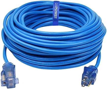 Clear Power Heavy Duty Outdoor Extension Cord - 100 FT, Blue | for Extreme Cold Weather -50°C, 16/3 SJTW, 3 Prong Grounded Plug, with Power Indicator Light (CP10075) by ClearPower