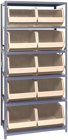 Quantum Storage Systems QSBU-270IV Giant Open Hopper Steel Shelving System, 18" D x 36" W x 75" H, with 6 Shelves and 10 QUS270 Bins, Ivory by QuantumStorageSystems