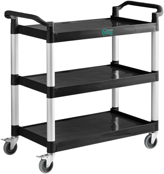 Black 3-Shelf Utility Bus Cart, Plastic Construction, 32 x 16 Inches, 300 lb by Glownary