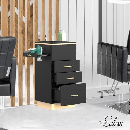 OmySalon Salon Storage Station, Barber Stations Beauty Salon Spa Equipment with 3 Drawers, a Storage Basin, 3 Hair Dryer Holders for Hair Styling, Black Gold - Image 2