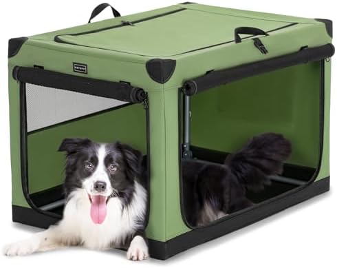 PETSFIT 36" Soft Portable Dog Crate – Patented Spiral Sturdy Frame, Collapsible Travel Kennel for Medium & Large Dogs, 3 Mesh Door, Lockable Zippers, Indoor & Car Use Green by Petsfit