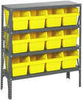 Quantum 1239-SB807YL Heavy Duty Shelving Unit with (4) Shelves and (12) QSB807 Yellow Bins for Warehouse Storage Distribution | 400 lbs Capacity per Shelf | 12"D x 36"L x 39"H, Galvanized Steel Finish by QuantumStorageSystems
