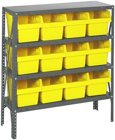 Quantum 1239-SB807YL Heavy Duty Shelving Unit with (4) Shelves and (12) QSB807 Yellow Bins for Warehouse Storage Distribution | 400 lbs Capacity per Shelf | 12"D x 36"L x 39"H, Galvanized Steel Finish by QuantumStorageSystems