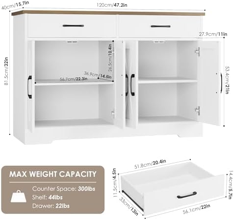 HOSTACK 47" W Kitchen Sideboard Buffet Cabinet with Storage Drawers, White - Image 3