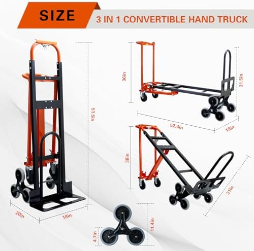 3 in 1 Stair Climbing Dolly Cart with Wheels,1000LBS(Orange) - Image 2
