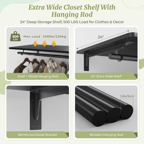 IAE Wall Mounted Clothes Rack with Shelf and Hanging Rod, 55x24in, Black - Image 5
