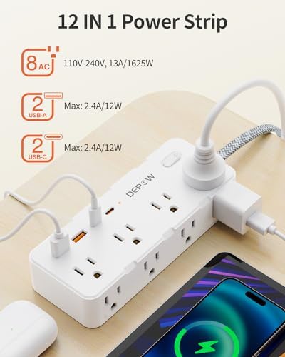 DEPOW Surge Protector Power Strip with 8 Outlets 4 USB Ports (2 USB C),5 FT - Image 2