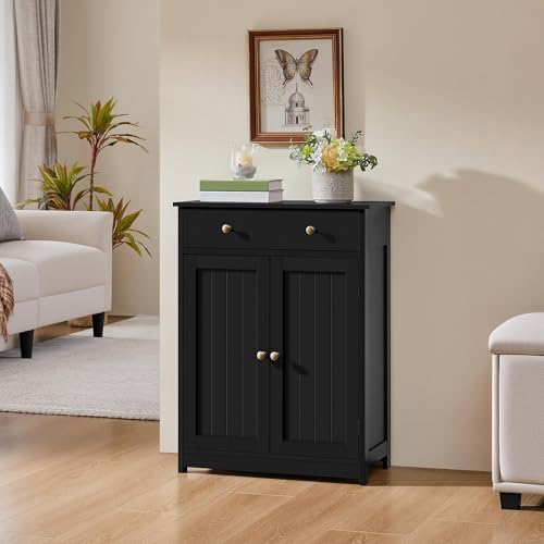Yaheetech Small Bathroom Storage Cabinet with Drawer and 2 Doors, Black - Image 4