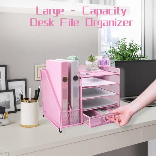 Desk Organizers and Accessories with File Holder, 5-Tier Paper Letter Tray Organiser with Drawer and 2 Pen Holder, Mesh Desktop Document Organizer for Office Supplies, Workspace - Pink - Image 6