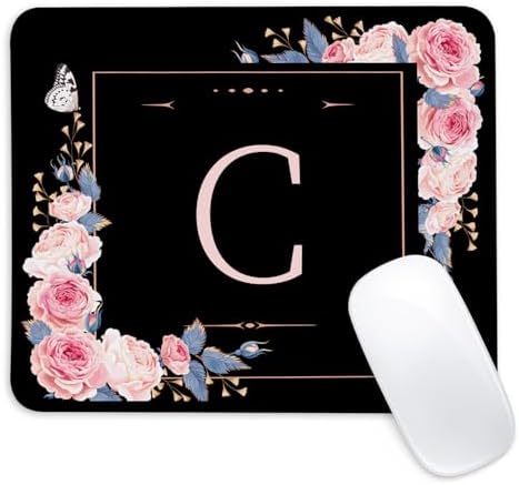 Letter C Black and Pink Flowers Square Mouse Pad, Mouse Pad with Stitched Edge and Non-Slip Rubber Base,Mouse Mat,Home Office Decor Desk Accessories,9.4x7.8x0.12 inch Square Mouse Pad by Unknown