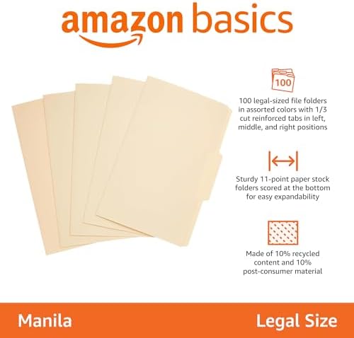 Amazon Basics Sturdy Manila File Folders, 1/3 Tabs in Assorted Positions for Filing and Easy Labeling, Legal Size, 8.5 x 14 inch, 200-Pack - Image 2