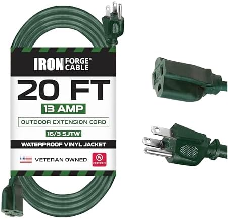 Iron Forge Cable 20 Foot Outdoor Extension Cord, 16/3 Green 20 Foot Extension Cord Indoor/Outdoor Use, 3 Prong, Weatherproof Jacket, Great for Gardens, Landscaping, Lawn Mower and More by IronForgeCable
