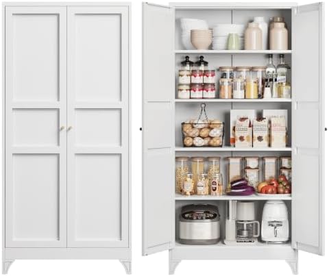 Yizosh Metal Storage Cabinet Kitchen Pantry Cabinet 4 Adjustable Shelves Kitchen Pantry Cabinet for Livingroom Pantry Bathroom Kitchen 75.6" H x 35.6" W x 17.7" D White by Yizosh