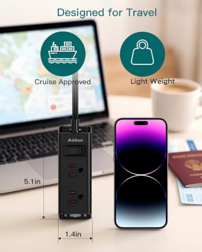 Addtam Flat Plug Power Strip with 6 Outlet Extender, 1 FT Extension Cord Flat Wall Plug with Multiple Outlets, No Surge Protector for Cruise Ship, Travel, Dorm, Home Office, Cruise Essentials, Black - Image 4