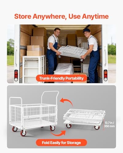 VEVOR Platform Truck Cart with Cage, 2000 lbs Capacity, 6-in-1 Foldable Flatbed Cart with Swivel Wheels, Heavy Duty Hand Truck, Multi-Functional Push Dolly, for Grocery Laundry, 44.5 x 26.6 x 42.1 in - Image 5