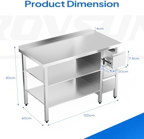 ROVSUN 48 x 24 Inches Stainless Steel Table with 3 Drawers, Heavy Duty Metal Prep & Work Table with Undershelf for Commercial Kitchen, Restaurant, Home, Hotel and Garage - Image 2