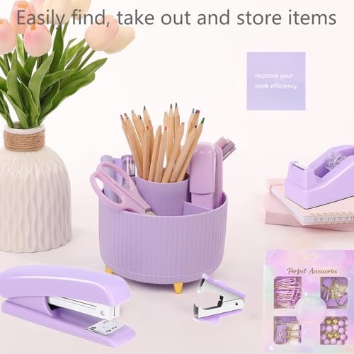 Office Supplies,School Supplies,Purple Desk Accessories,Desk Organizer,Scissors,Stapler,Tape Dispenser,Binder Clips,Staples,Staple Remover,Sticky Notes,Clear Tape,Pen,Ruler,Best Gift,11pcs - Image 4