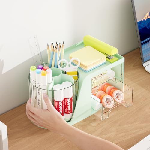 Marbrasse Desk Organizer with 2 Drawer, 360°Rotating Pen Holder, Desk Organizers and Accessories with 6 Slots Pencil Holder + 2 Drawer, Art Supply Storage Box Caddy for Office (Green) - Image 6