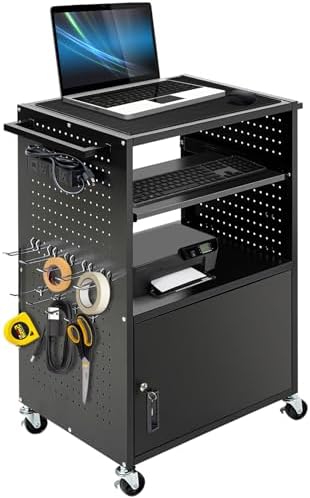 AV Cart, Computer Carts with Wheels and Power, Steel Cart with Locking Cabinet & Pullout Keyboard Tray, Projector Media Carts with Side Pegboard & 12 Hooks for School Office, Black by HONYTA