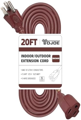 YOJOE Indoor Outdoor Extension Cord, 3 Prong 13A Weatherproof Power Cord, 16 Gauge Heavy Duty 20 ft Brown Extension Cord for Garage, Garden and Home, 16/3 SJTW UL Certified by YOJOE