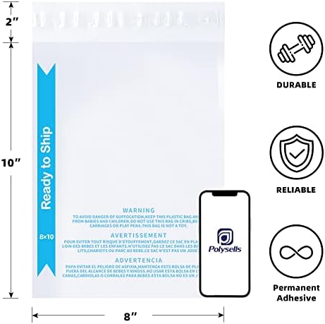 POLYSELLS 200 Count 8"x10" Strong Self Seal Clear Poly Bags with Suffocation Warning for Packaging, Shipping, T-Shirts, Clothes & FBA, Permanent Adhesive - Image 2