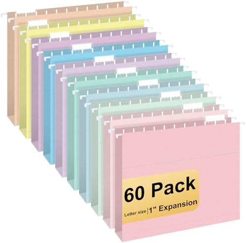 Hanging File Folders, 60 Pack Letter Size Hanging File folders with 1/5-cut Tabs, Stay Organized for Your Home and Office Bulk File, Documents and Paper, Macaron 10 Colors by YOPCDJ